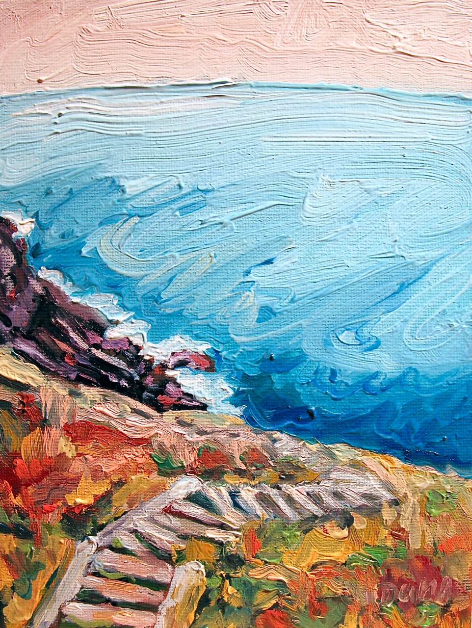 Oil painting of stairs hugging the cliffs on the east coast trail