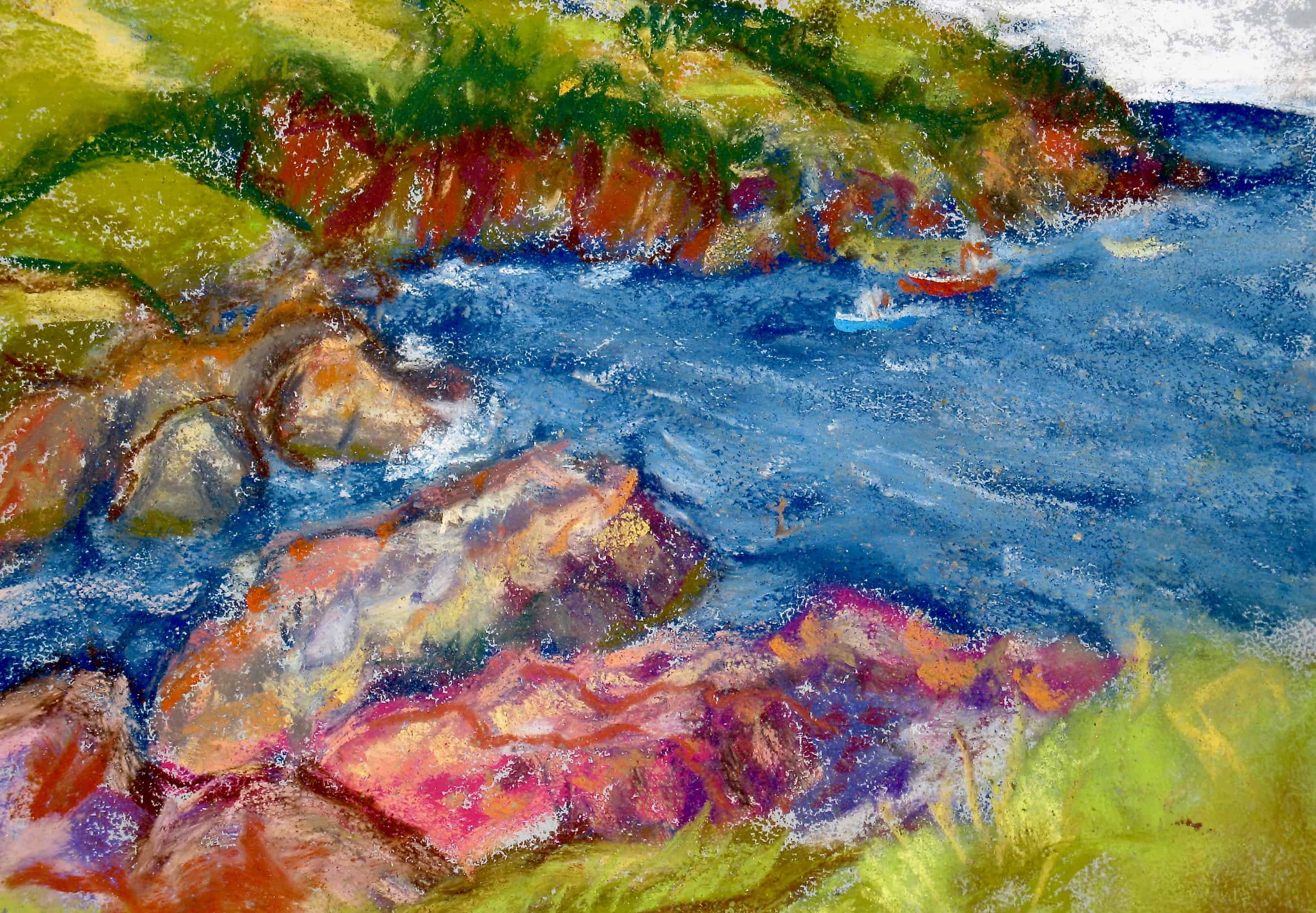 Pastel painting, looking out onto the water at Torbay beach. 