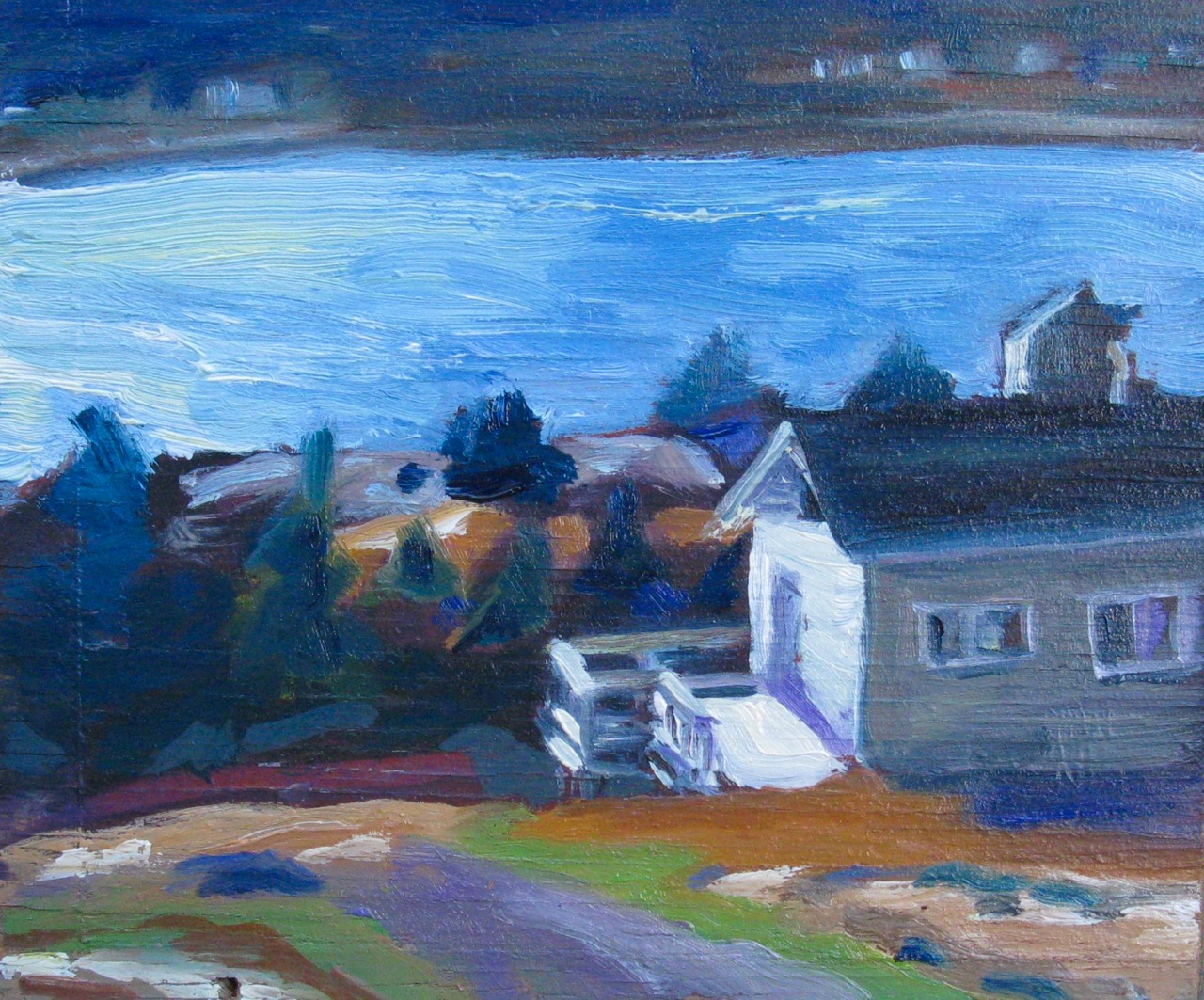 oil painting of blue twilight on the ocean and house