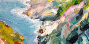 close up of Irene's oil painting of steep cliffs, Newfoundland