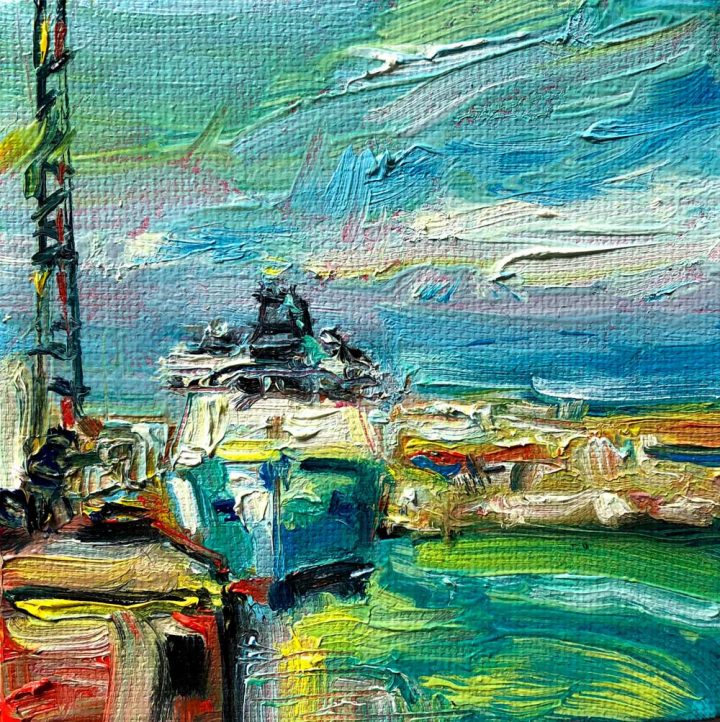 original mini oil painting called Late Afternoon Light on the Harbour
