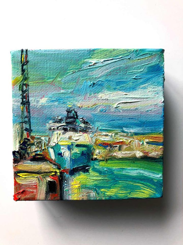 Image showing the mini painting, Late Afternoon Light on the Harbour, on the wall