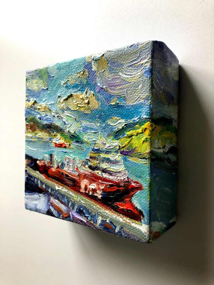 photo of a contemporary impressionist painting, Gummy Ships, painted right side