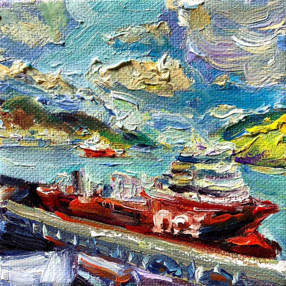 mini painting of ships in the harbour that look like gummy bears