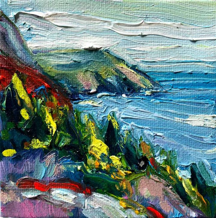 an original mini oil painting, Hiking Sugar Loaf, in Newfoundland.