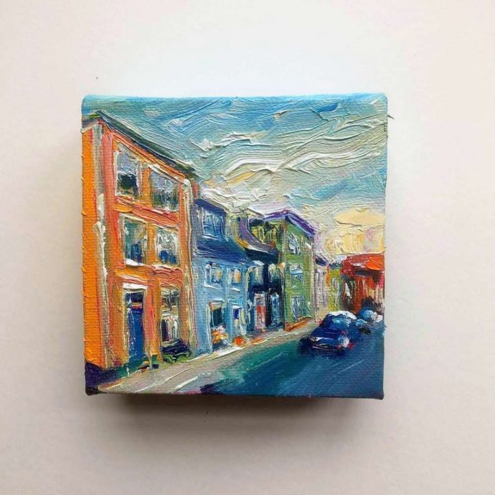original mini oil painting, titled Hello, Colonial Street