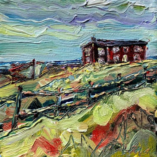 contemporary impressionist painting, of a Red House at Broad Cove, left side