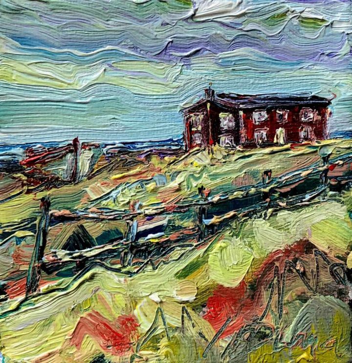 contemporary impressionist painting, of a Red House at Broad Cove, left side
