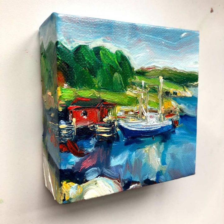 original painting of a Little Fishing Stage, on the wall showing painted side