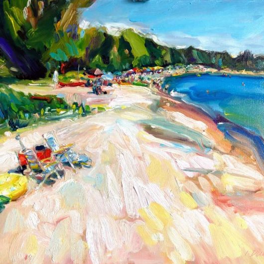 original oil painting of a Georgian Bay Beach, titled Hot sand, warm water