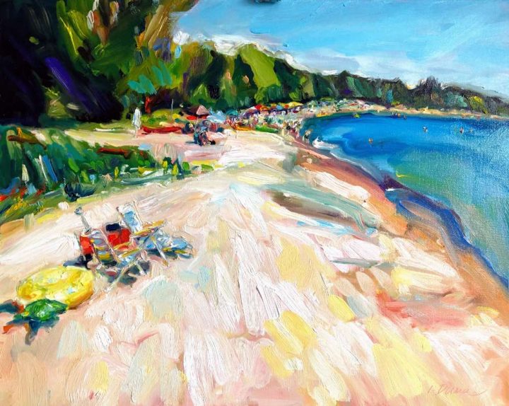 original oil painting of a Georgian Bay Beach, titled Hot sand, warm water