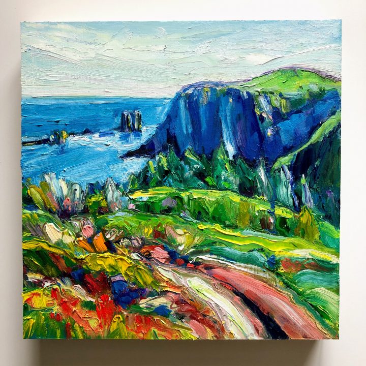 Photo of an original landscape painting. Wall view: Seastacks of Skerwink Trail