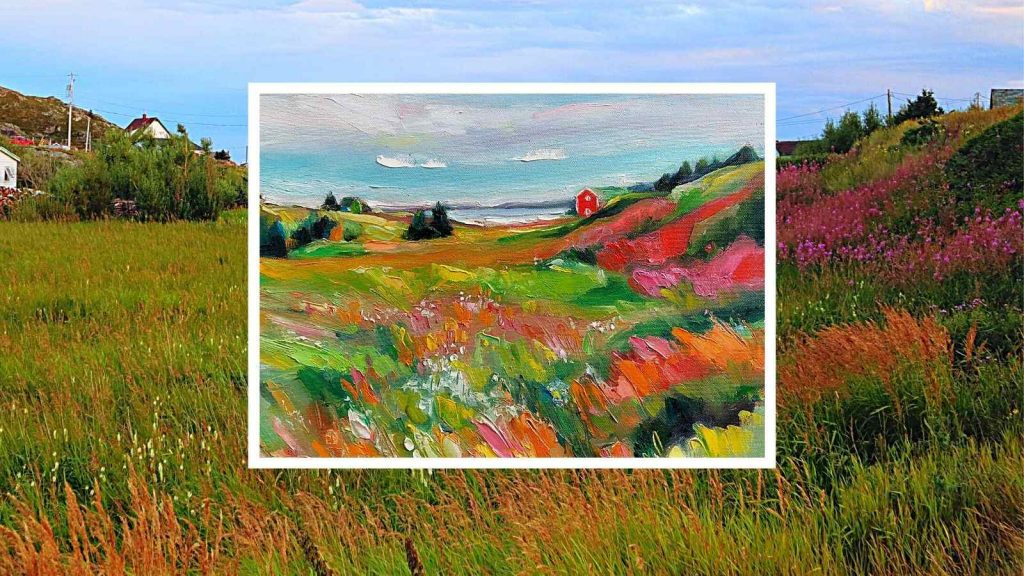 This is the main image for the hope page and depicts a newfoundland landscape painted by Irene Duma, set against the original photo of twillingate. Very pretty colours.