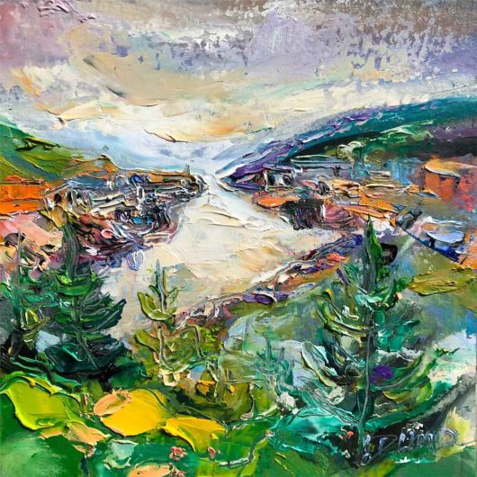 this is a landscape painting of Pretty Petty harbour