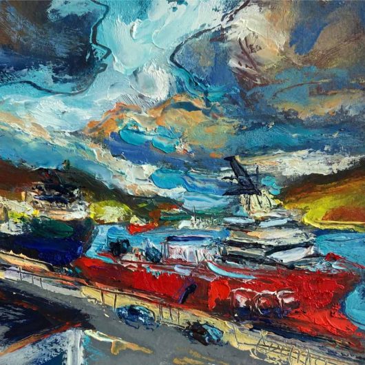 this is a landscape painting of Big Boats in the Harbour